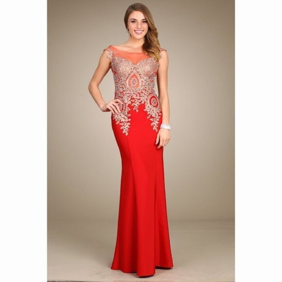 SEXY Red Gold Lace Bodycon Dress - Picture 1 of 6